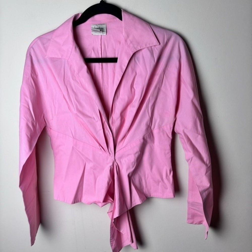 Womens 6 Neiman Marcus Blouse Top Pink Twist Front Tie Waist Classic Long Sleeve